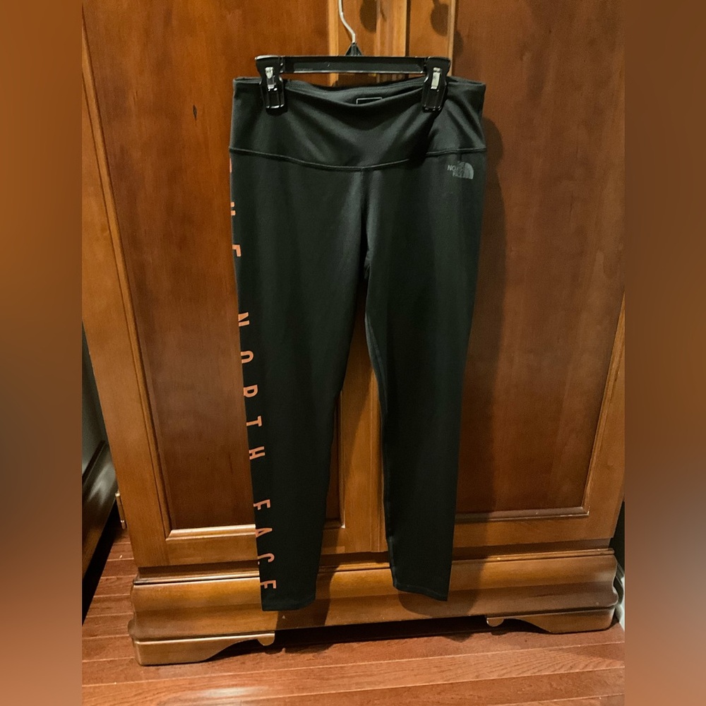 The North Face Black Leggings with Bold Orange Text Size Medium
